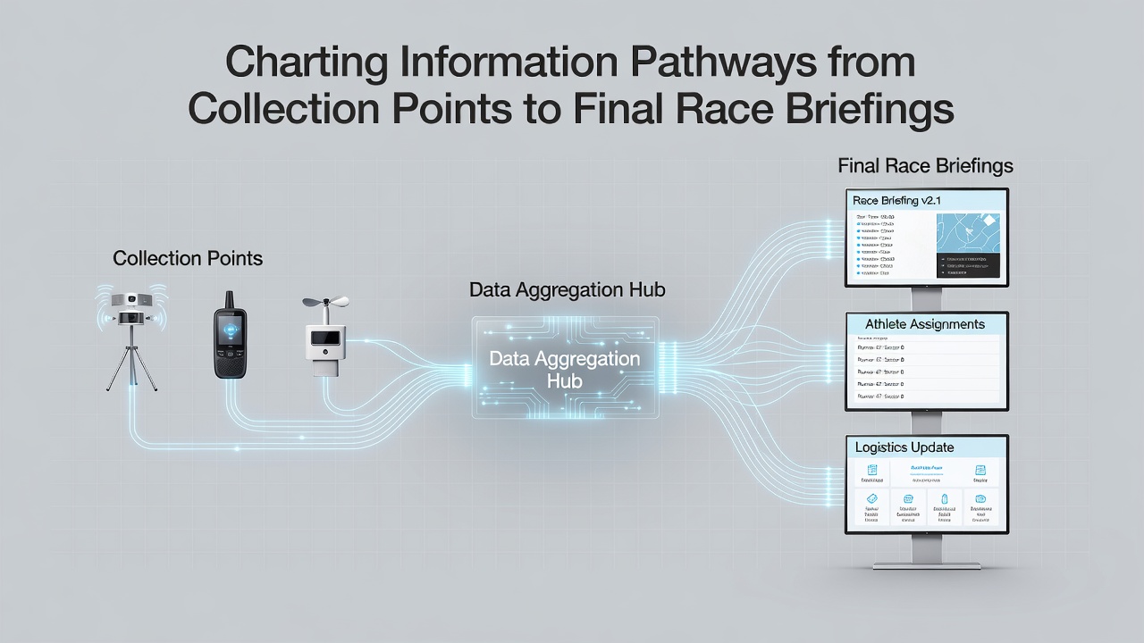 Illustration showing data collection points at a horse racing track transitioning into briefing documents