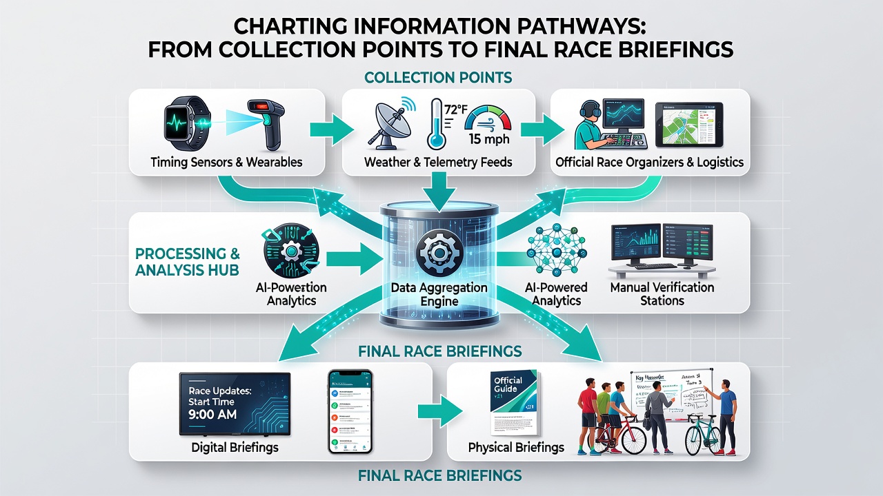 Diagram depicting data processing layers and secure transmission routes leading to race briefings